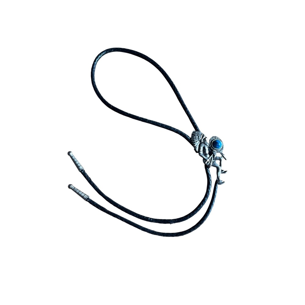 Mens Western Bolo Tie Silver Tone Indigenous Warrior Blue Stone Black Cord